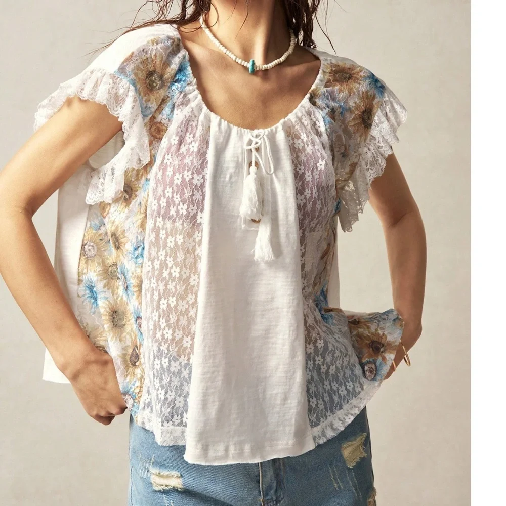 Boho Floral Print Button Detail Lace Ruffle Sleeve Cotton Top - Picture 3 of 6
